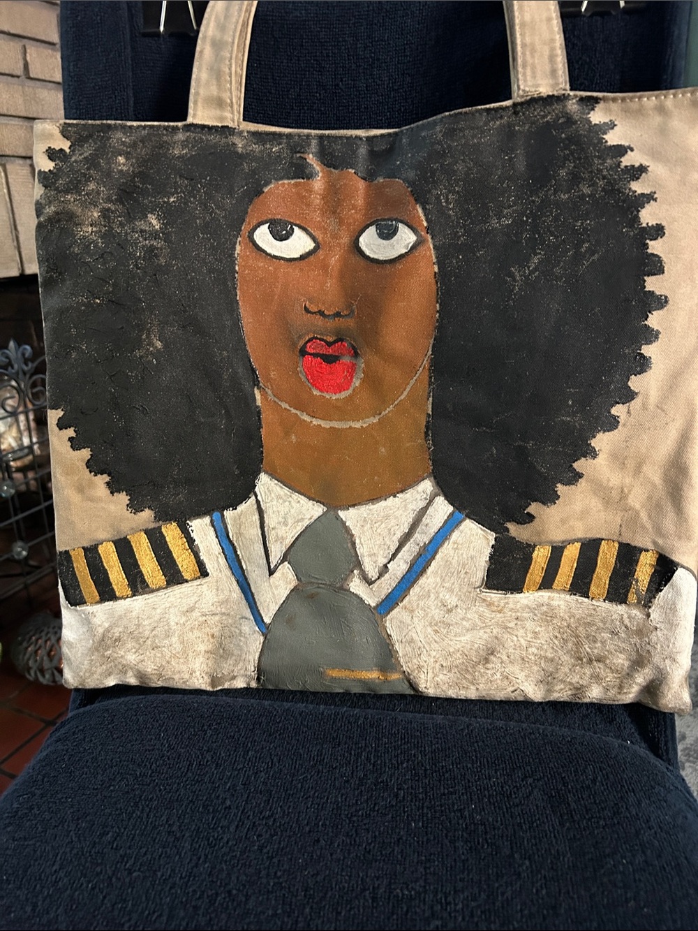 Hand-Painted Black Afro Pilot Portrait Tote by Michael Soi (?)